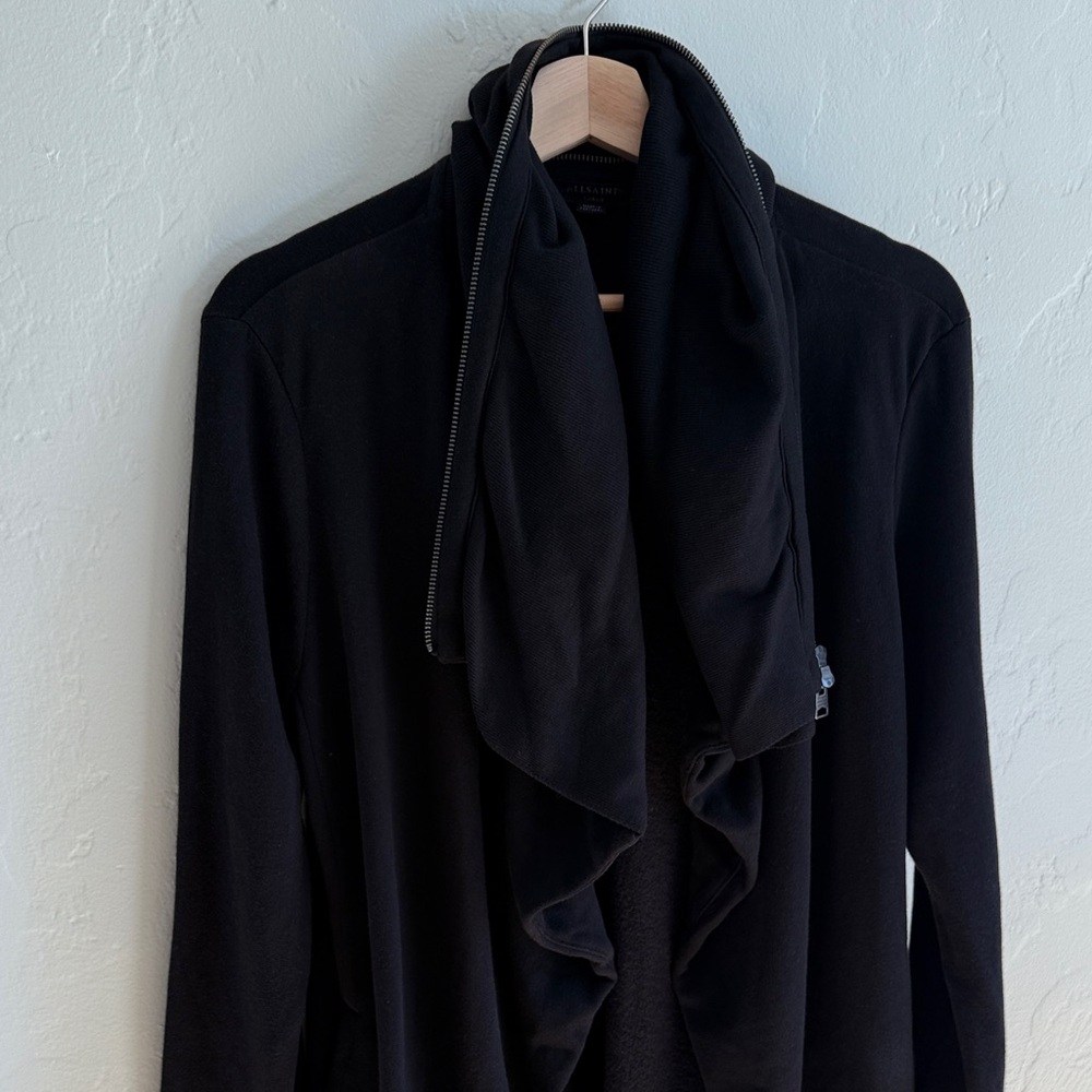 All Saints Black Open Cardigan with Zipper Collar